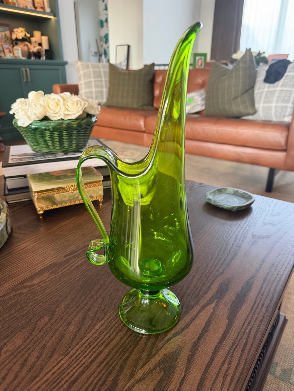 Vintage Green Glass MCM Pitcher - no cracks or chips!